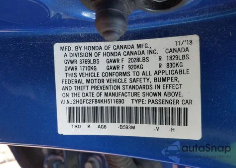 2019 Honda Civic Sport z USA, uszkodzony, nr VIN 2HGFC2F84KH511690